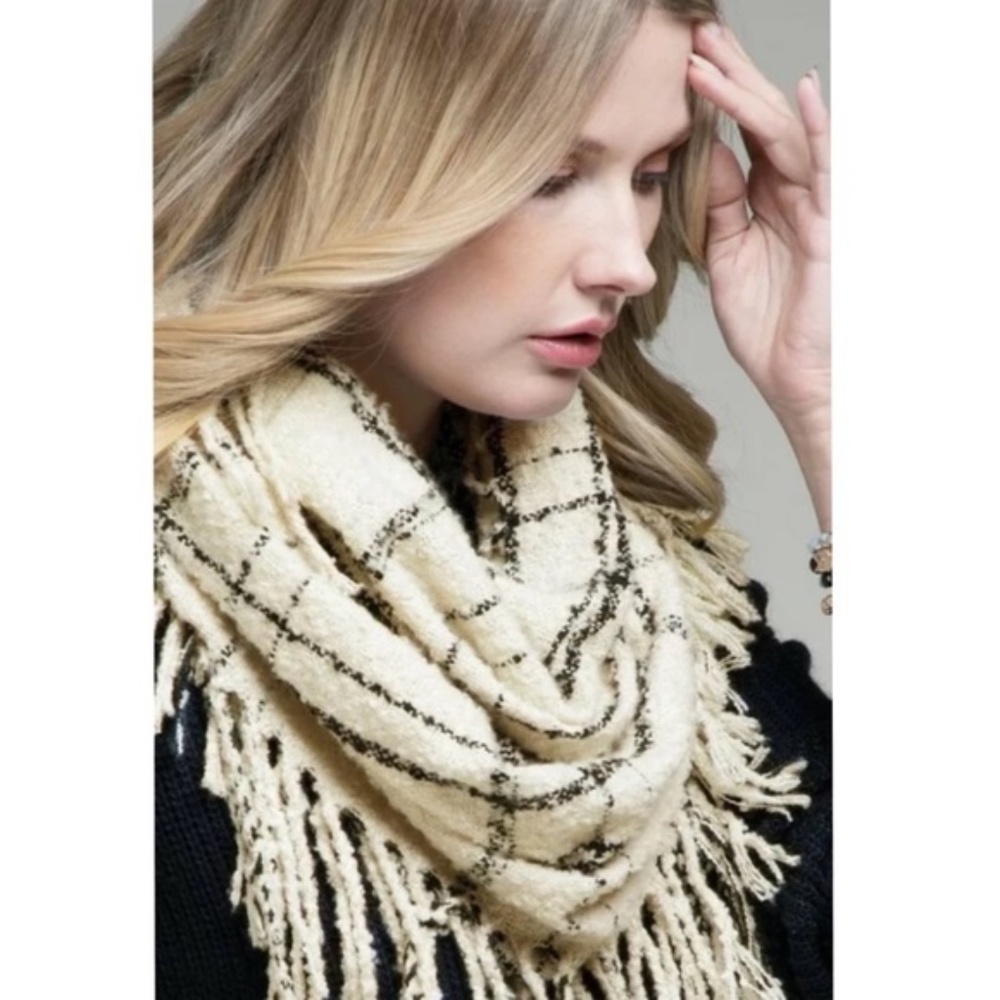 Ivory Plaid Soft Knit Plaid Infinity Tassel Scarf - Picture 1 of 3